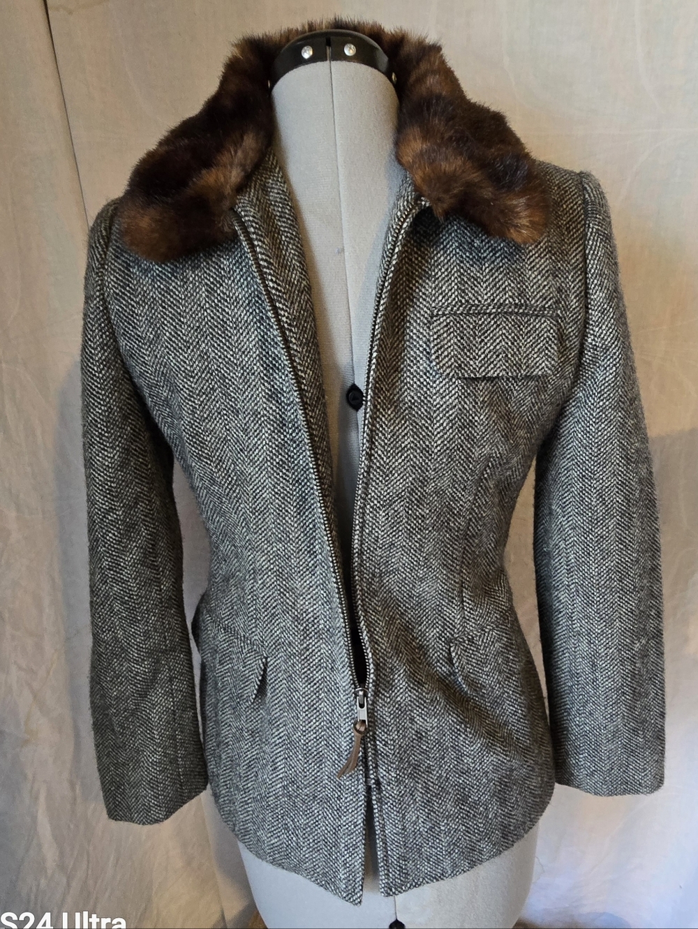 Herringbone Wool and Silk Jacket with Brown Faux Fur Collar